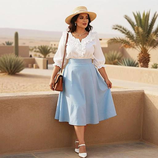 Photograph of a woman in a white blouse, light blue skirt, straw hat, and white heels, standing in a desert landscape.