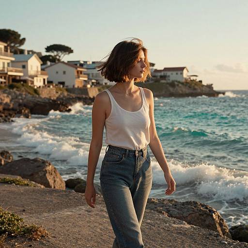 Asymmetrical Bob Woman in Coastal Dawn