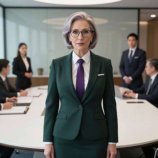 Photograph of an authoritative middle-aged woman with gray bob, glasses, green suit, and purple tie standing in a modern, well-lit boardroom