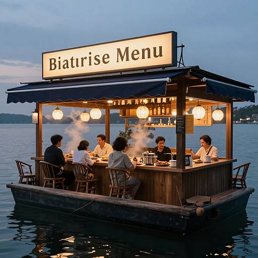 Photograph of a floating Bistro Menu at dusk, six people dining on a wooden boat with warm lights and steam.
