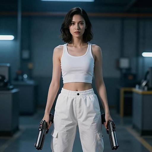 Blue-Lit Industrial Woman with Dual Guns