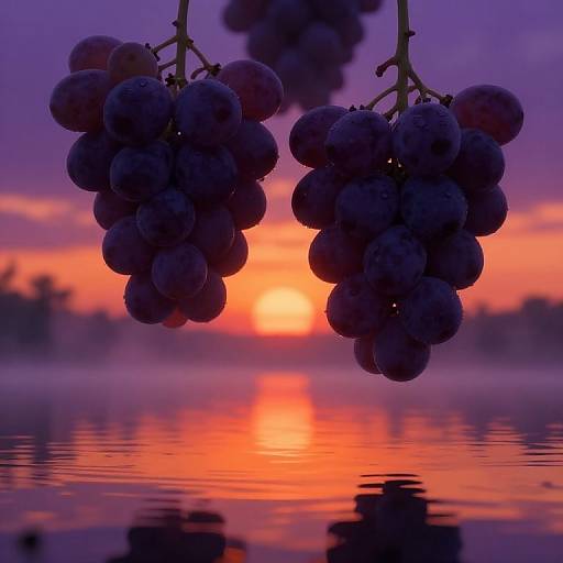 Photograph of frost-covered grape clusters silhouetted against a vibrant purple, orange, and pink sunset over a calm reflective water surface.