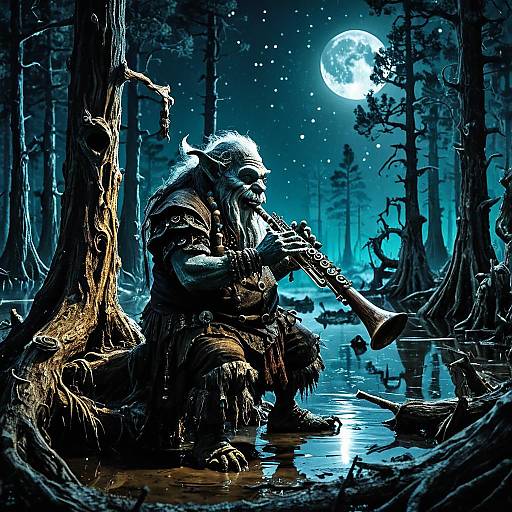 Troll Bard Playing Clarinet in Moonlit Swamp