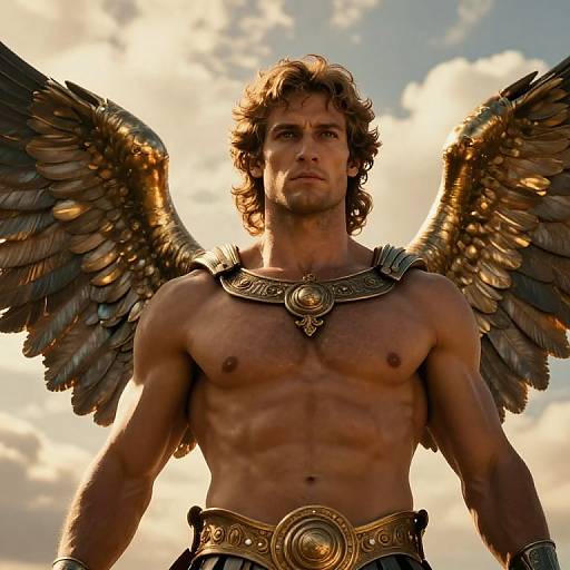 Photograph of a muscular, shirtless man with golden wings and ornate armor, standing against a bright, cloudy sky. He has curly brown hair