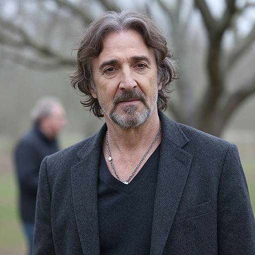 Photograph of middle-aged man with wavy gray hair, beard, wearing black blazer, black shirt, and silver necklace, standing outdoors with blurred