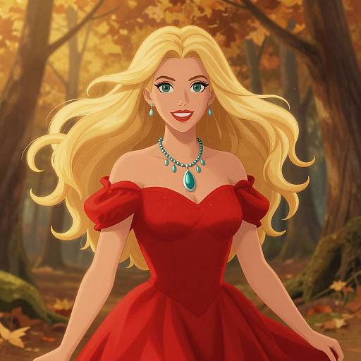Digital anime-style illustration of a blonde woman with blue eyes, wearing a red off-shoulder dress and turquoise necklace, smiling in an autumn forest.