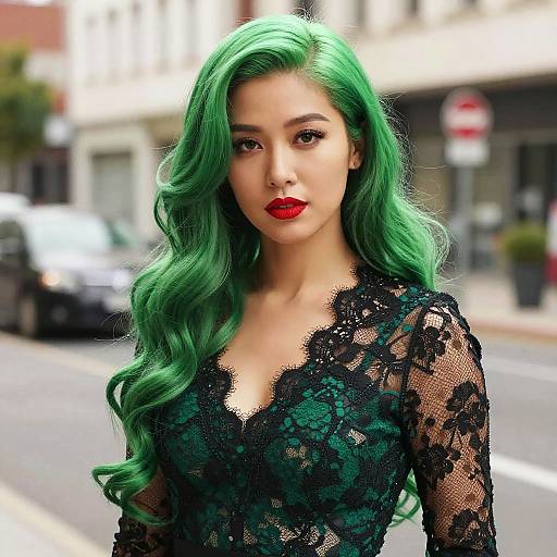 Photograph of an Asian woman with long, wavy green hair, wearing a black lace dress, standing on a city street. Red lipstick contrasts with
