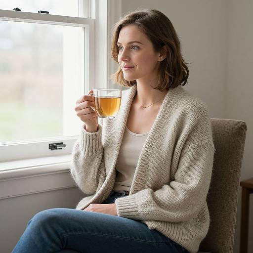 Photograph of a Caucasian woman with shoulder-length brown hair, wearing a beige knitted cardigan, white tank top, and blue jeans, sitting by