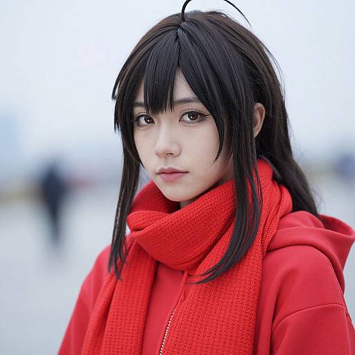 Photograph of an Asian woman with long black hair, pale skin, wearing a bright red hoodie and matching scarf, standing outdoors on a snowy day,