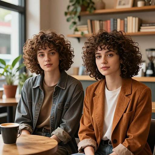 Photograph of two young women with curly brown hair, wearing denim and brown jackets, sitting at a wooden table in a cozy café with potted plants