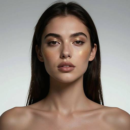 Photographic portrait of a young woman with long dark hair, glowing bronzed skin, subtle shimmer on cheeks, and neutral makeup, against a gradient white