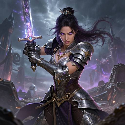 Digital fantasy artwork of a fierce, dark-haired warrior woman wielding a glowing, blue-tinged sword in a stormy, ruined landscape. She wears