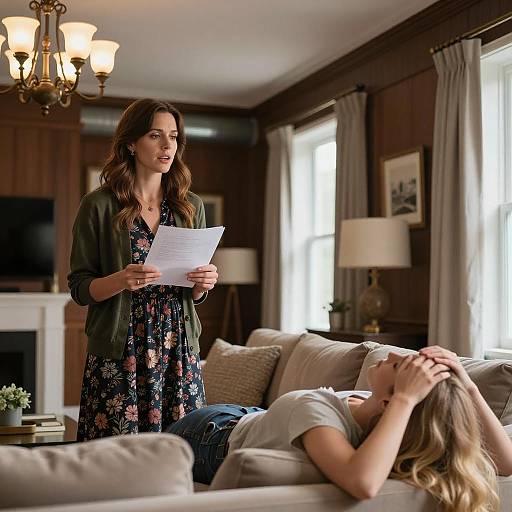 Concerned Woman Holding Paper Speaking to Stressed Woman on Couch