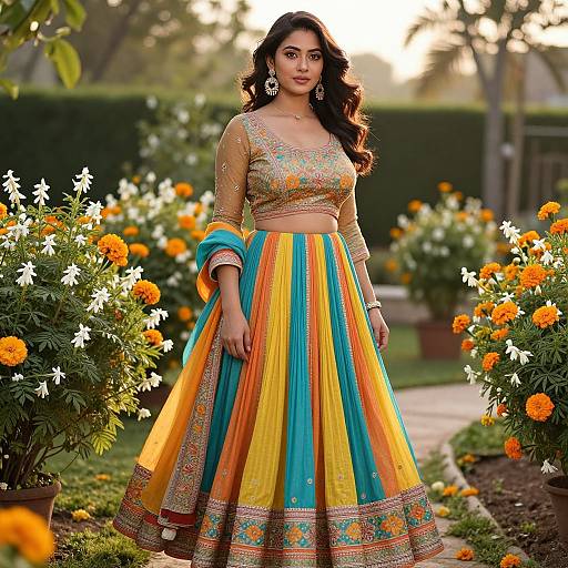Photograph of a South Asian woman in a colorful traditional lehenga with intricate embroidery, standing in a sunny garden with vibrant marigolds and greenery