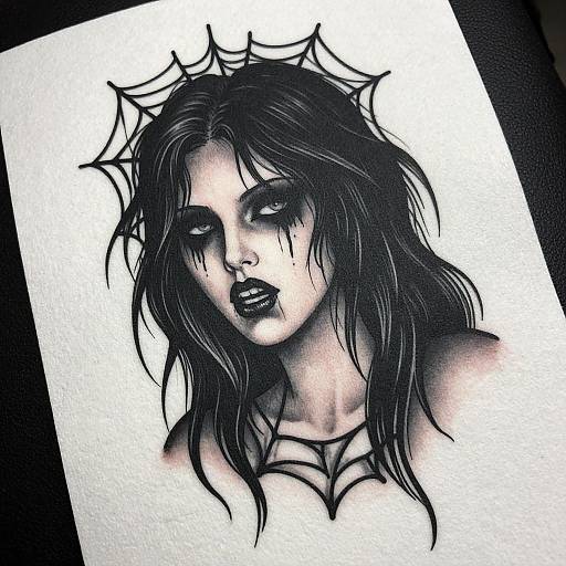 Black and white ink drawing of a dark-haired woman with spider web crown, intense eyes, and gothic makeup, featuring spider web necklace.