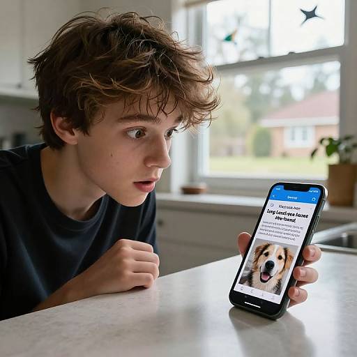 Young boy with messy brown hair, in black shirt, sits at kitchen counter, intently looking at smartphone displaying 