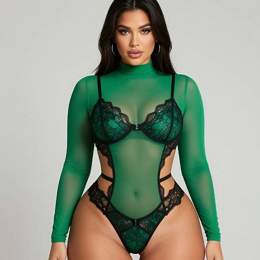 Photograph of a confident woman with long black hair, wearing a green sheer long-sleeve bodysuit with black lace trim, highlighting her cur