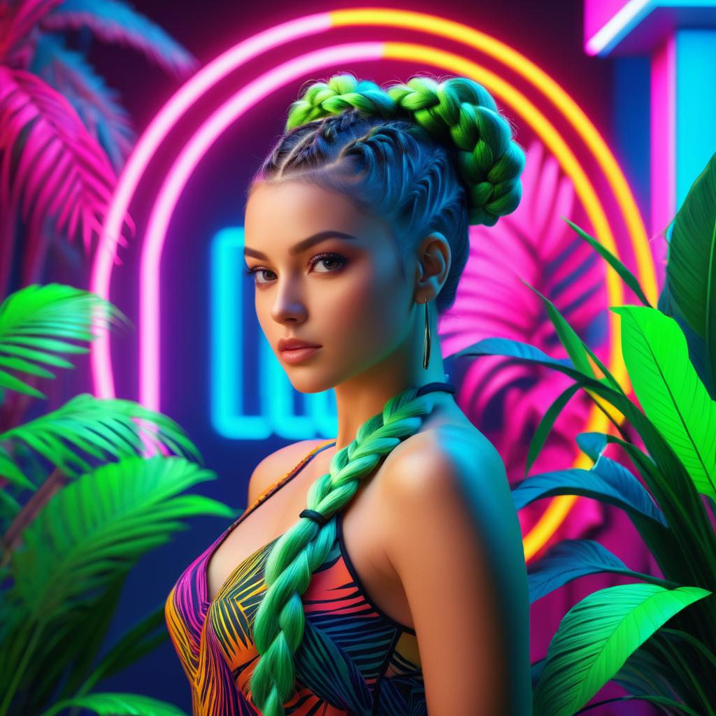 Seductive Model in Neon Jungle Scene