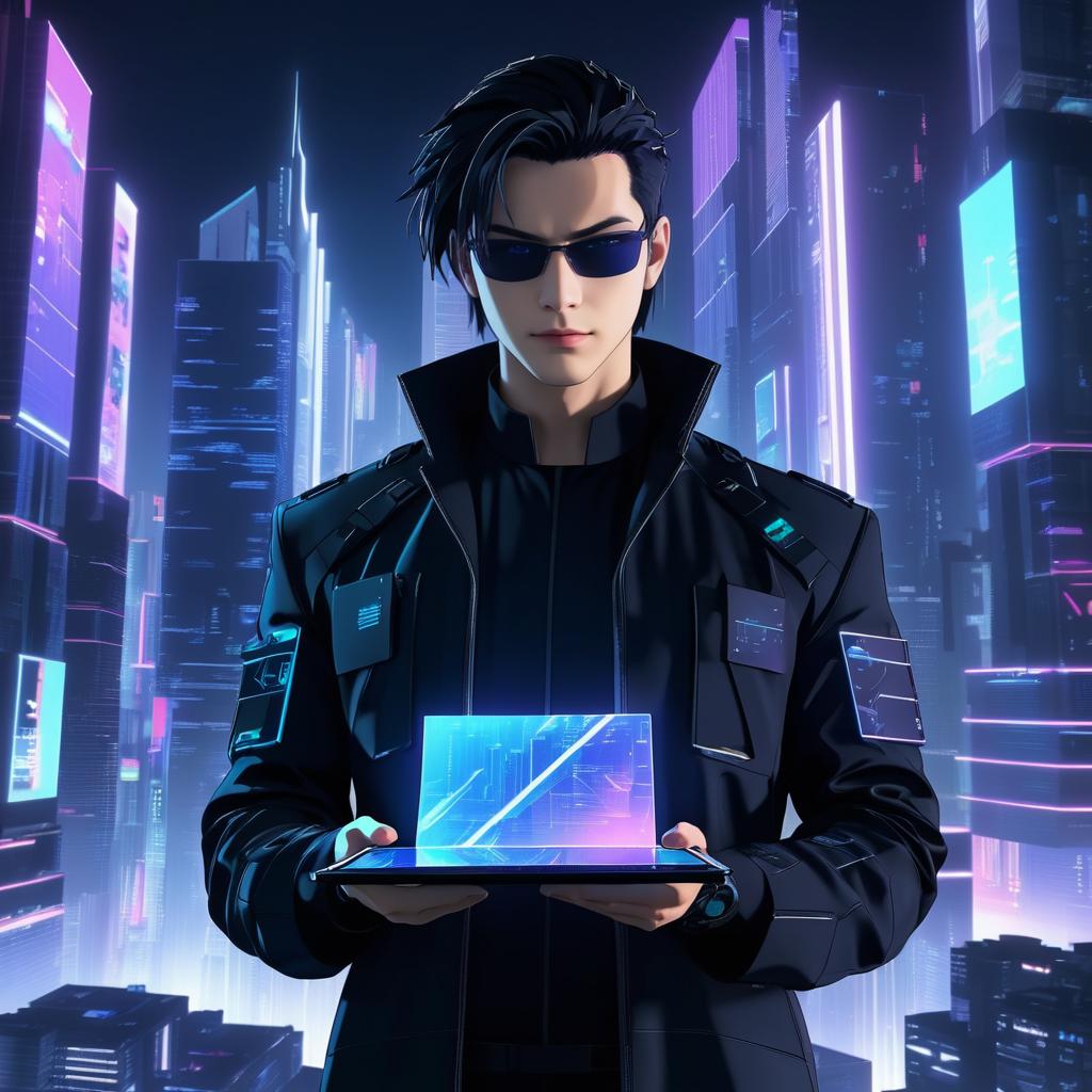 Elite Hacker in a Cyberpunk Cityscape