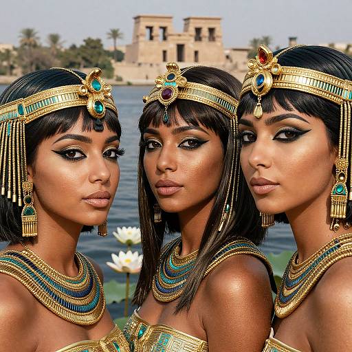 Photograph of three dark-skinned women with black hair, wearing golden Egyptian headdresses, green and gold necklaces, and makeup, standing by a