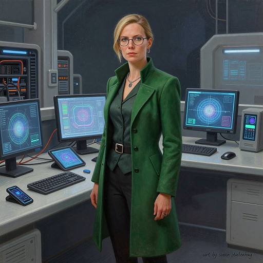 Digital illustration of a blonde woman in a green coat and black shirt, wearing glasses, standing in a high-tech control room with multiple screens displaying blue holog
