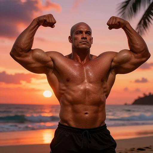 Photograph of a muscular, bald, shirtless black man flexing his biceps on a beach at sunset, wearing black shorts, with palm tree
