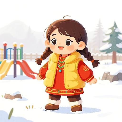 Cartoon Girl in Yellow Vest Playing in Snow