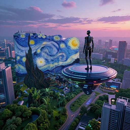 Digital art: Cybernetic figure on futuristic platform, overlooking cityscape with giant Van Gogh 