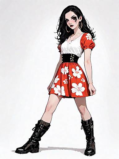 Woman in Floral Dress and Combat Boots