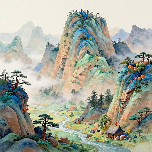 Whimsical digital painting of towering, colorful mountains with small houses, winding river, mist, and vibrant trees, blending fantasy and nature.