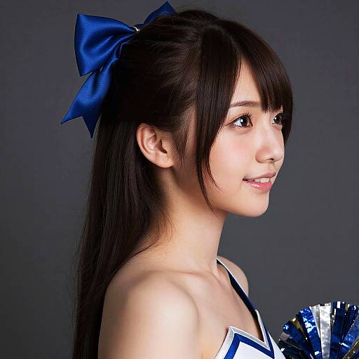 Photograph of a young Asian woman with long black hair, blue bow, wearing a cheerleader uniform, holding silver pom-poms, smiling.