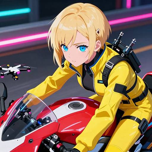 Anime-style digital drawing of a blonde, blue-eyed girl in a yellow jumpsuit riding a red motorcycle at night. Neon lights blur in the background.