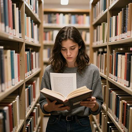 Young woman with wavy brown hair, gray sweater, and high-waisted jeans, reads a book in a brightly lit library aisle.