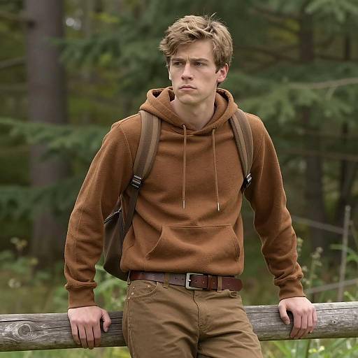 Young Man Leaning on Wooden Fence in Forest