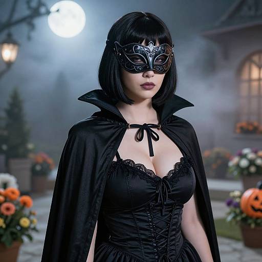 Photograph of a pale-skinned woman with black bob haircut, wearing an ornate black masquerade mask, black lace corset, and cape