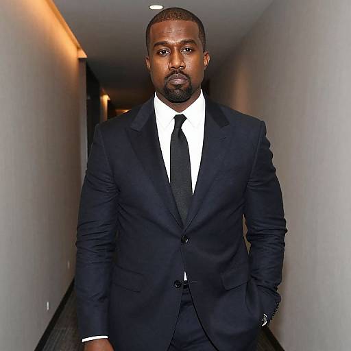 Photograph of a tall, muscular Black man with a trimmed beard, wearing a black suit, white shirt, and black tie, walking down a dim