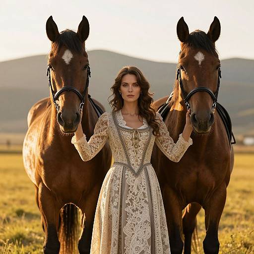 Elegant Woman with Horses at Golden Hour