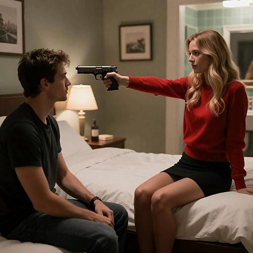 Dramatic Standoff in Dim Room