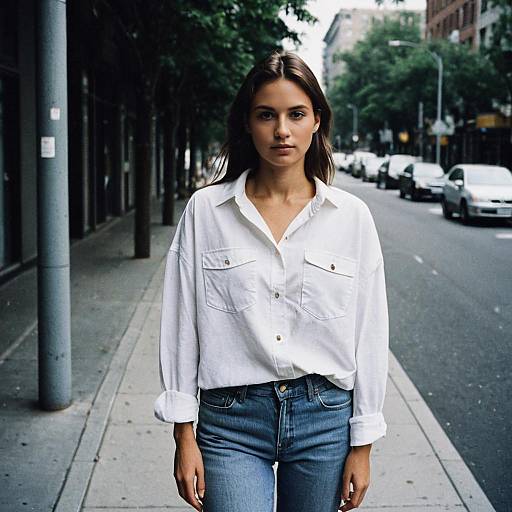 Photograph of a young woman with straight brown hair, wearing a white button-down shirt and blue jeans, standing on an urban street with parked cars and