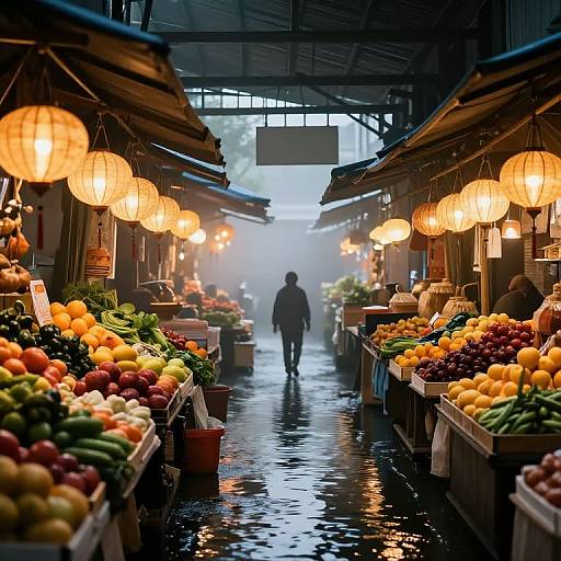 Photograph of a misty, rain-soaked night market aisle with warm, glowing lanterns, colorful fruits, and a solitary person walking away.