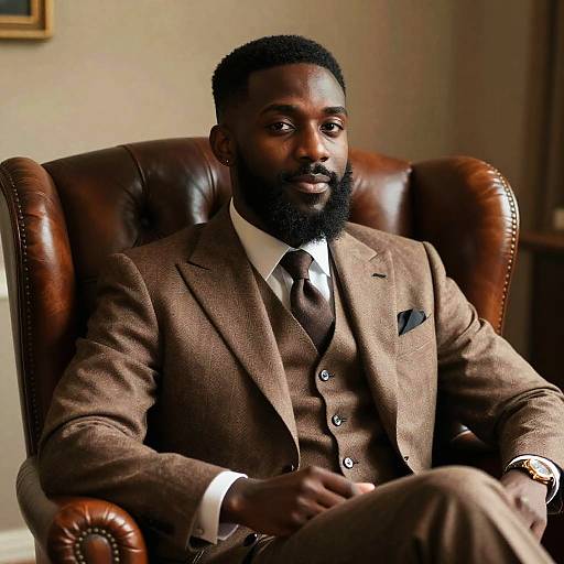 Photograph of a handsome Black man with a full beard, wearing a brown three-piece suit, white shirt, and brown tie, seated in a leather