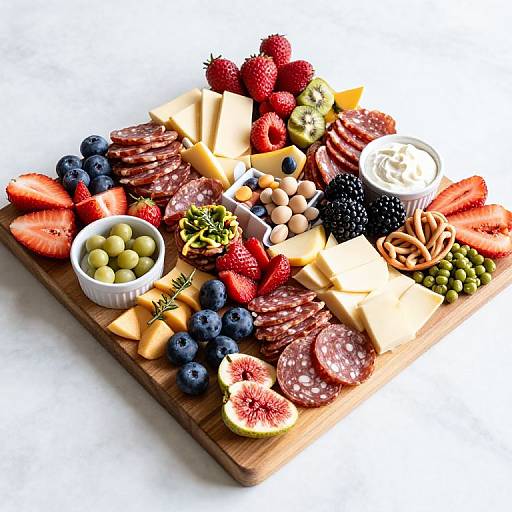 Photograph of a wooden board filled with assorted cheeses, sliced meats, strawberries, blueberries, figs, olives, almonds, and a white