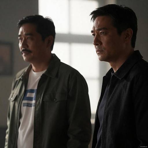 Photograph of two serious Asian men in dim light, one with a mustache, wearing green jacket and white t-shirt, the other in black shirt