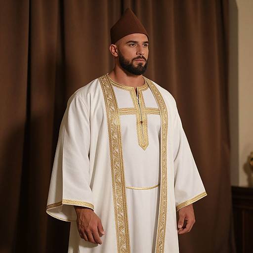 Photograph of a bearded Middle Eastern cleric with brown skin and dark eyes, wearing a white and gold embroidered robe and brown headpiece, standing against