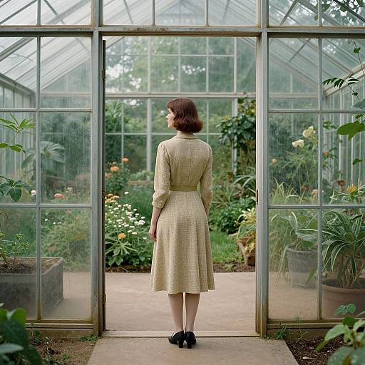 Photograph of a woman in a beige, textured, knee-length dress and black shoes, standing in a greenhouse, facing lush, green plants and flowers