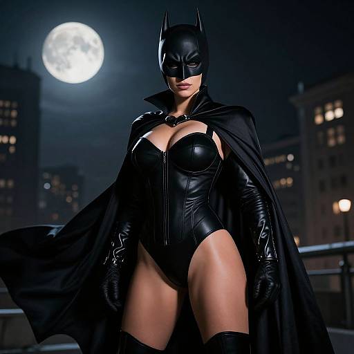Photorealistic digital artwork of a curvy, muscular woman in black Batman costume, with high-cut leotard, cape, gloves, and mask
