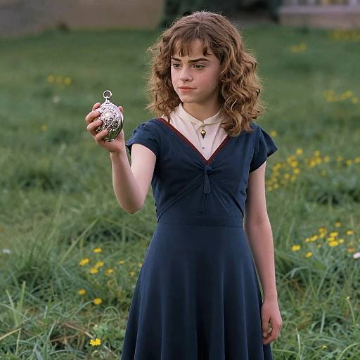 Photograph of a young woman with curly brown hair, wearing a navy dress, holding a silver ornate cup in a grassy field with yellow flowers