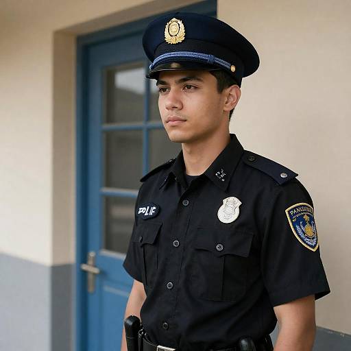 Young Policeman by Blue-Framed Glass Door