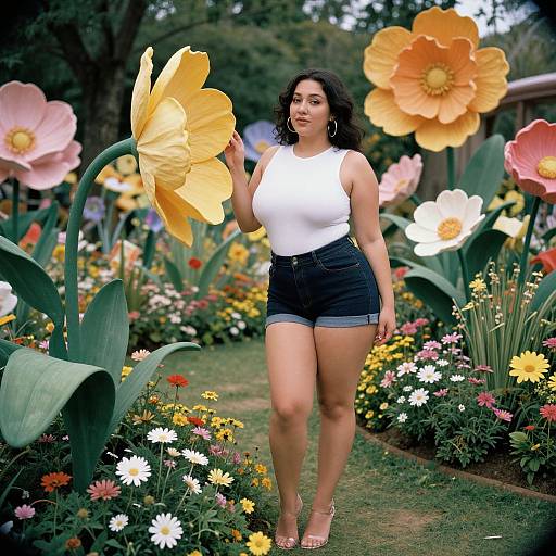 Photograph of a curvy Latina woman in a white tank top and denim shorts, holding a giant yellow flower in a vibrant garden with oversized flowers and