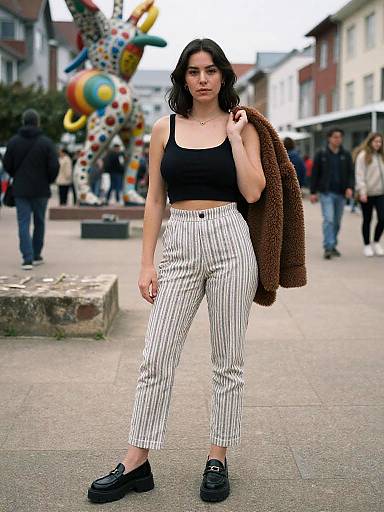 Photograph of a young woman with dark hair, wearing a black crop top, white striped pants, black loafers, and a brown jacket, standing